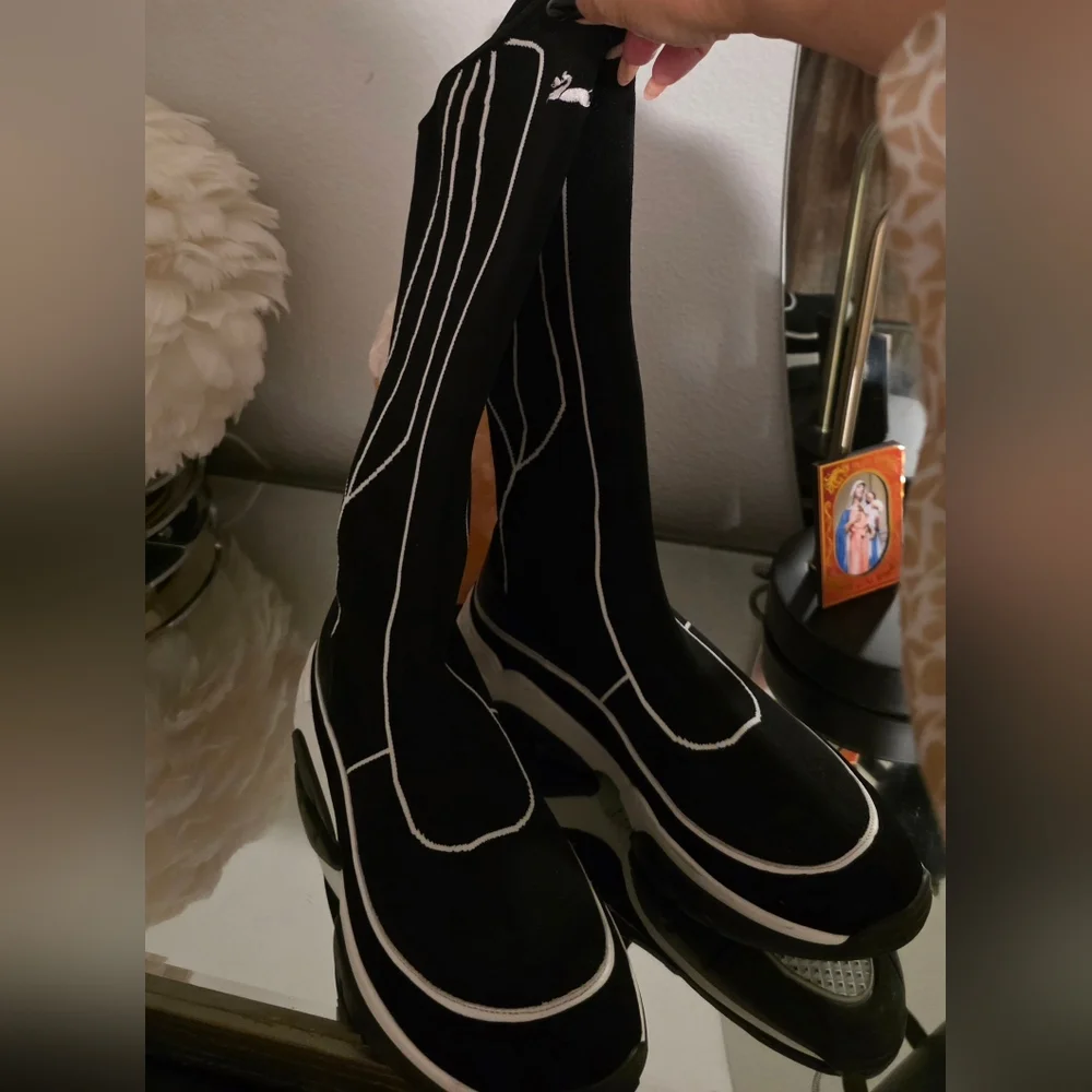 Longchamp Black and White Knee-High Boots